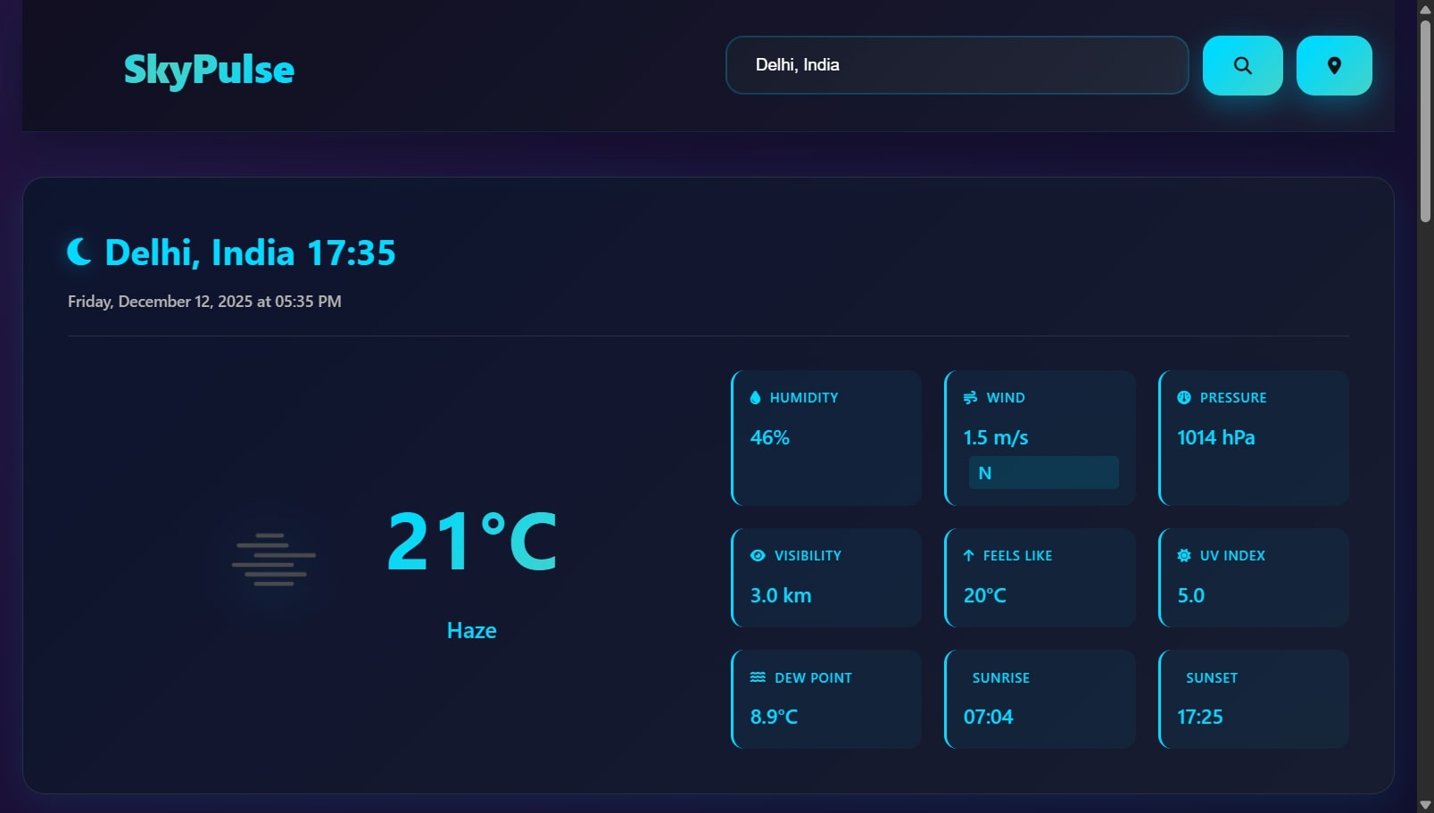 Skypulse weather dashboard with location forecast screenshot